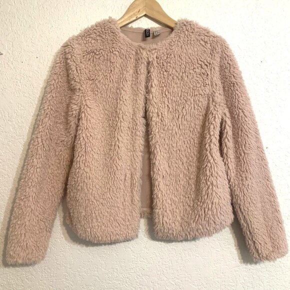 H&M Divided Women Jacket M Sherpa Pink Pockets Fuzzy Shag Teddy Crop Whimsifairy - Picture 4 of 7
